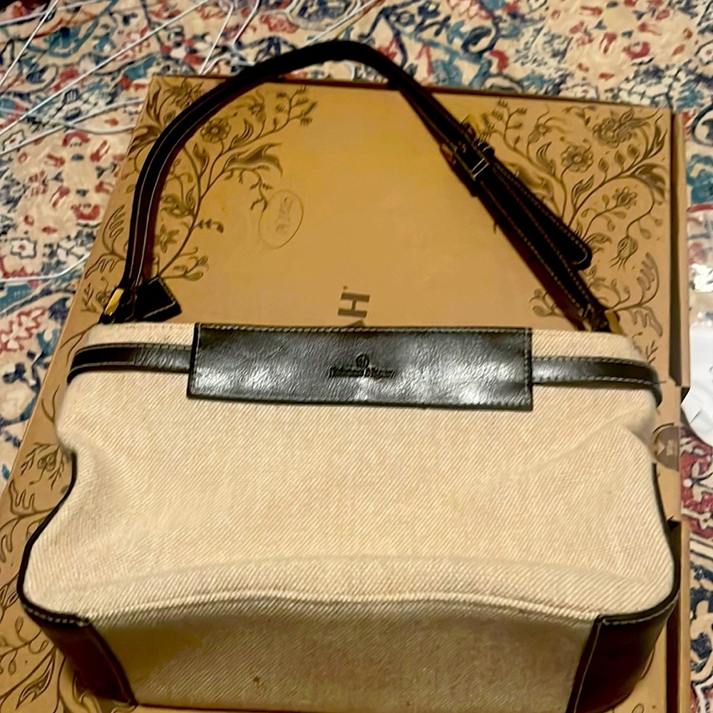 Beige and  brown leather and canvas baguette bag 90s or 2000s